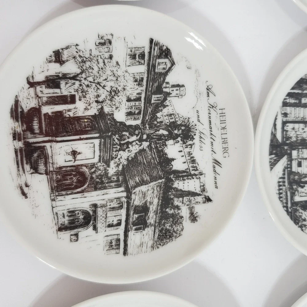 Royal Porzellan Bavaria KPM Coasters Set of 6 White Black Germany 4in Landmarks